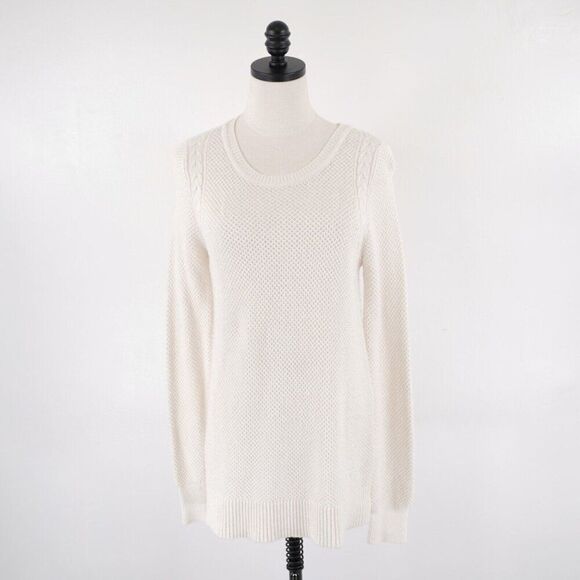 Ann Taylor Loft Cream Cableknit Scoop Neck Sweater Medium Cotton Wool - Picture 1 of 8